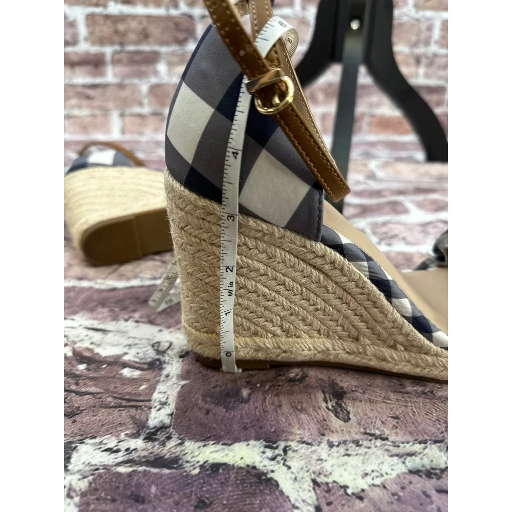 Draper James RSVP Navy Gingham Ruffle Espadrille Wedge Sandals Womens 9 Buffalo
